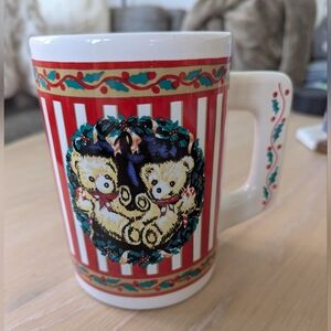 Festive Teddy Bear Mug with Red and White Stripes